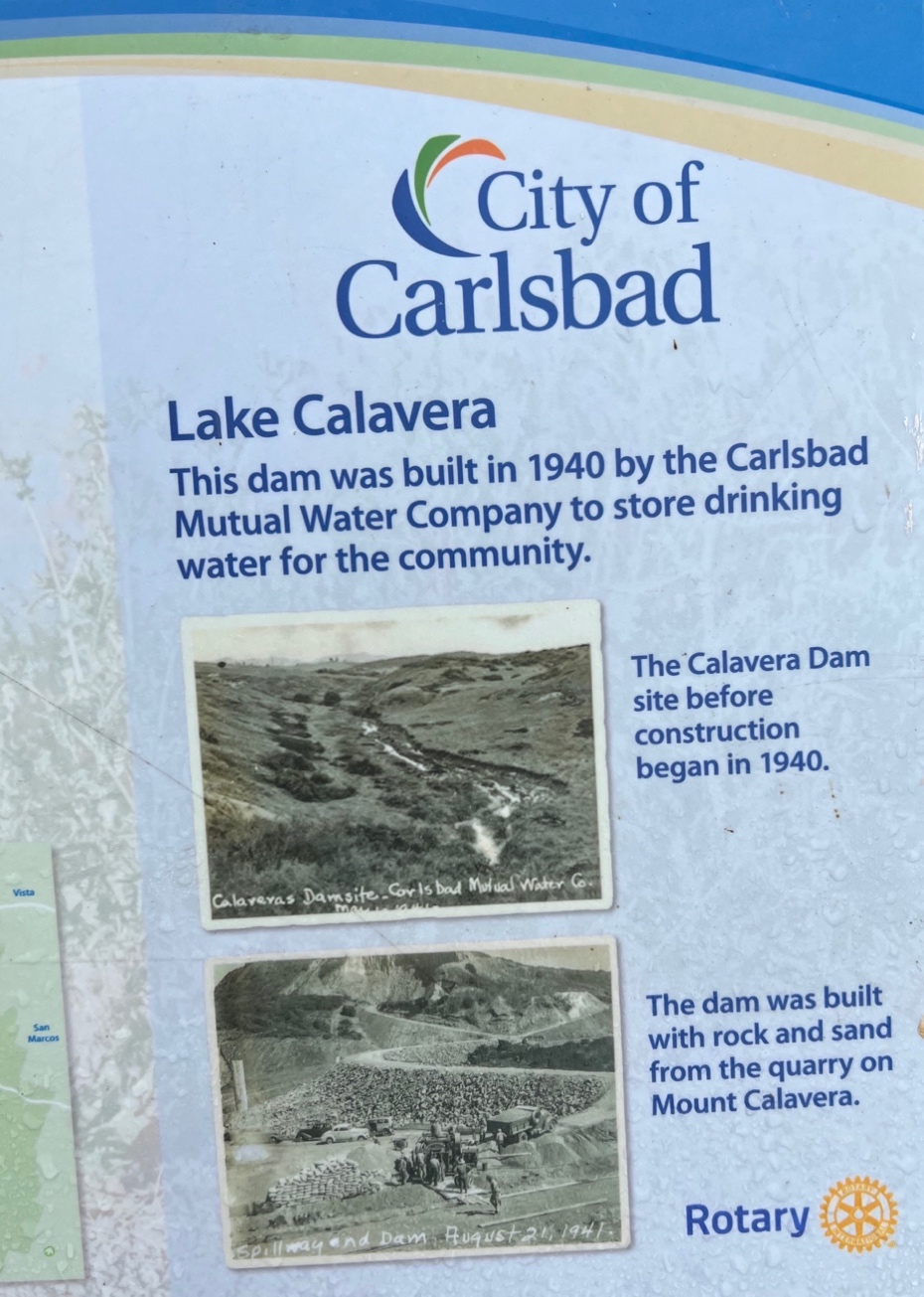 A close-up of a sign that explains that the lake was built in 1940 using rocks from Calavera Hills