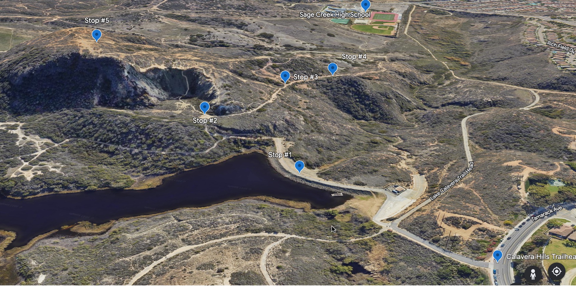 An aerial view of the Calavera Hills volcanic dome with fieldtrip stops