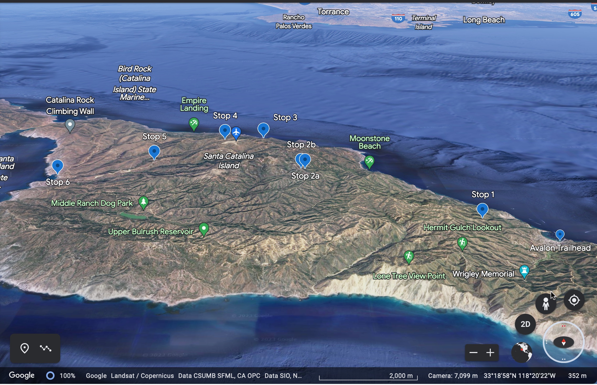 Regional view of Catalina Island and the mainland looking north. (