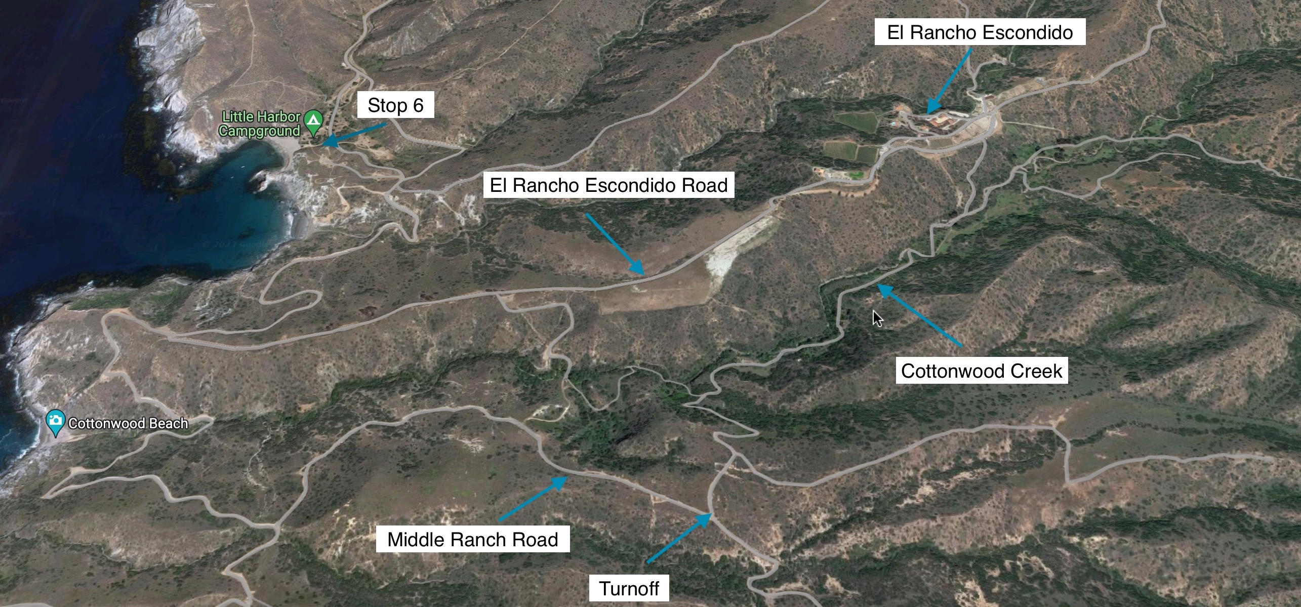 Map showing route to Stop 6, cottonwood creak and middle ranch road
