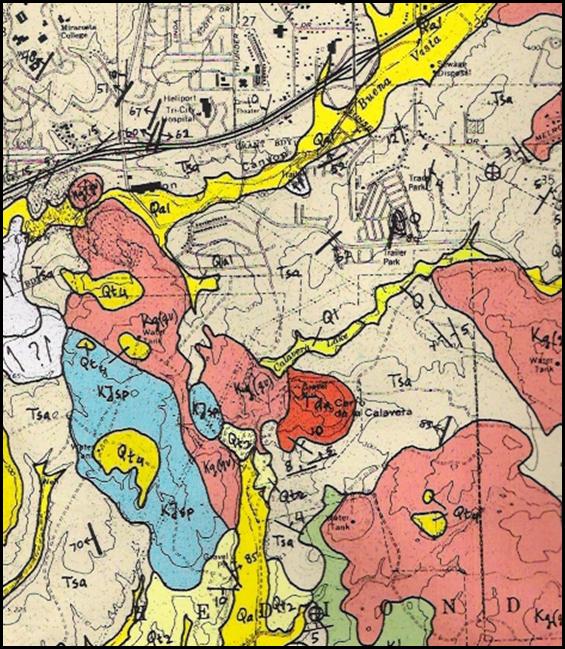 Geologic map showing the Calavera Hills Volcanic Plug. The Plug is about 1/2 mile across and is surrounded on the north, south and east by the Santiago Formation and on the west by the Green Valley Tonalite.