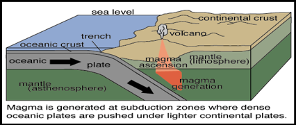 This figure shows the process of subduction as it relates to a convergent plate boundary. Here it is Andean Type mountain building with Oceanic Crust being subducted underneath Continental Crust.