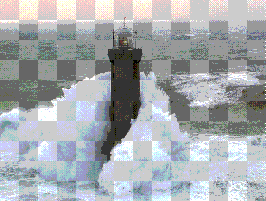 Title: Lighthouse - Description: A lighthouse being hit by a huge wave during a storm